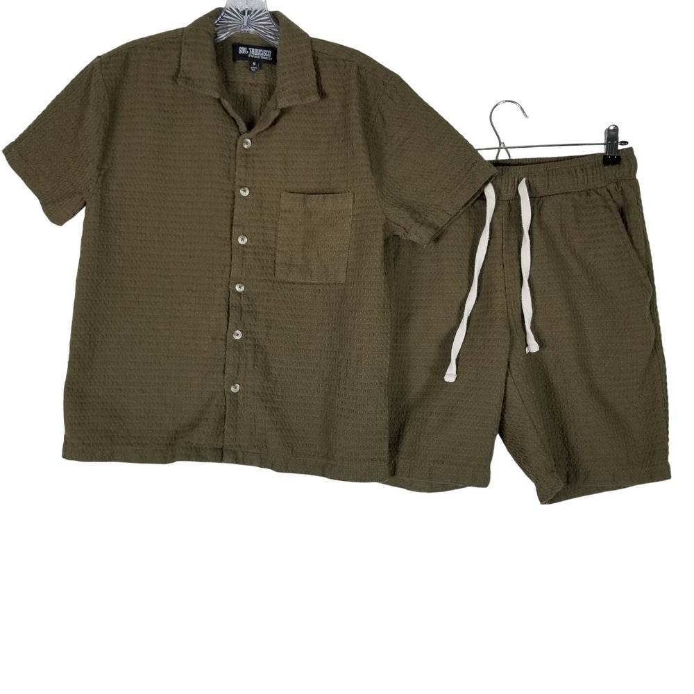 San Francisco Work Shirts 2pc Set Mens S Olive Green Waffle Knit Shirt Shorts